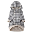 Plaid patterned hoodie with beige trim on a white background