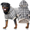 Dog wearing a plaid coat with a matching outfit on a white background