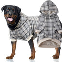 Dog wearing a plaid coat with a matching outfit on a white background