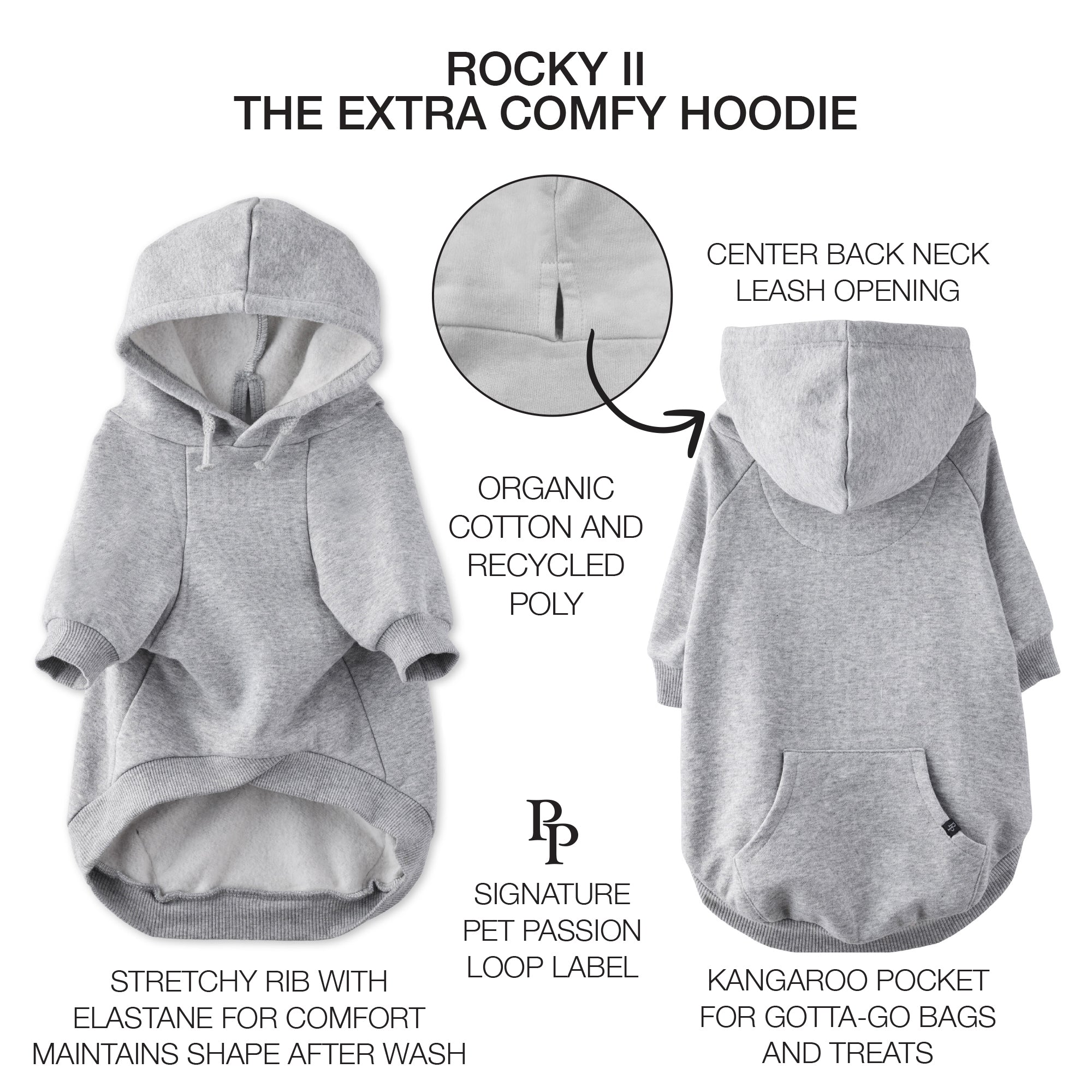 Pet Passion Rocky II extra plush comfy dog hoodie in Heather Gray — cozy fleece-lined sweatshirt for small to large dogs