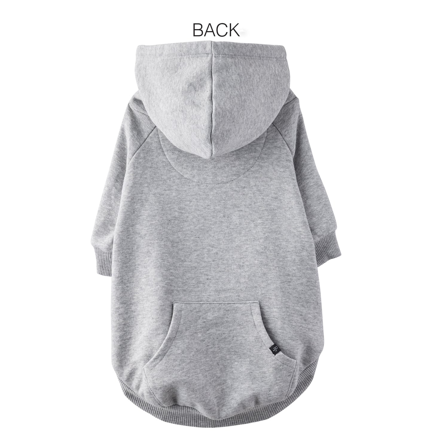 Gray pet hoodie with a pocket on the back, shown from the back view.