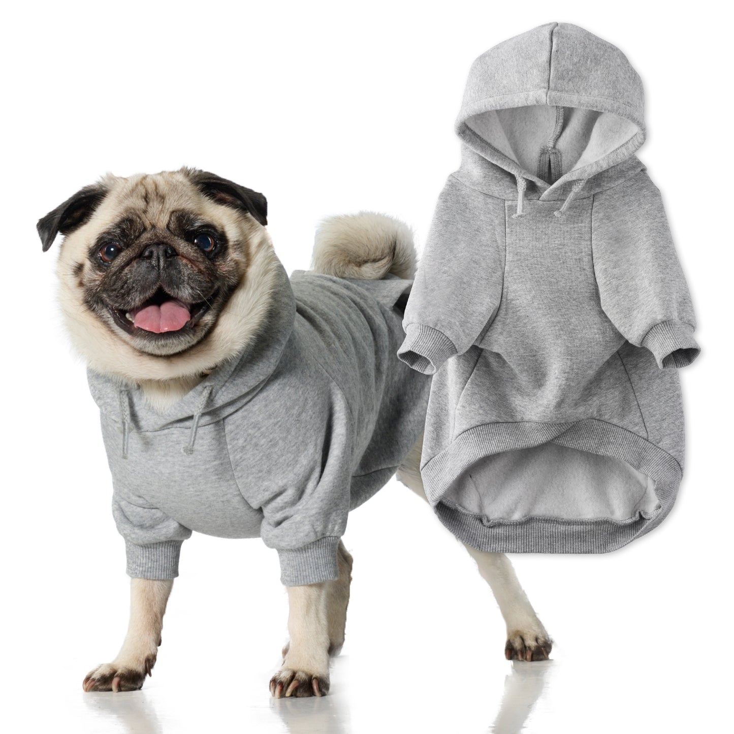 Pug wearing a gray hoodie with an additional hoodie on a white background