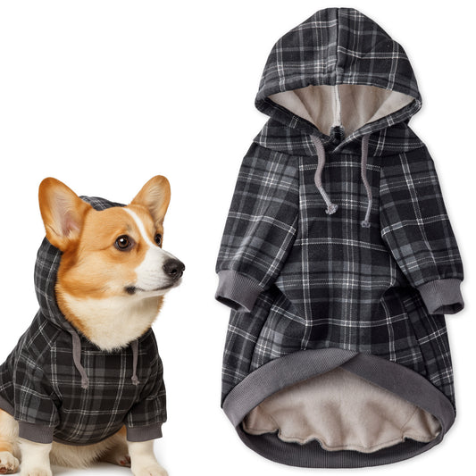 Black plaid dog hoodie and dog wearing the hoodie