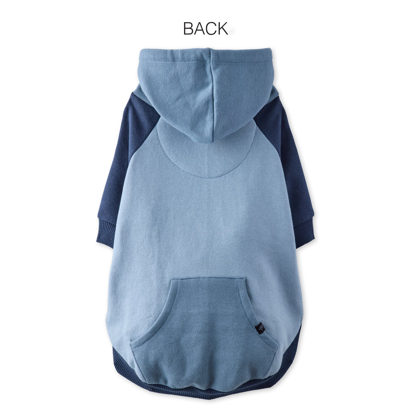 Blue pet hoodie with a pocket on the back, shown from the back view.