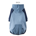 Blue pet hoodie with a pocket on the back, shown from the back view.