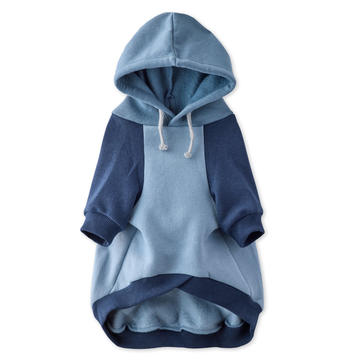 Blue and navy pet hoodie on a white background