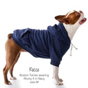 Dog wearing a navy blue hoodie with text indicating brand and size.
