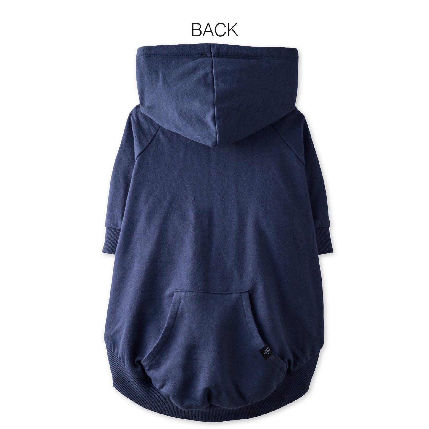 Navy blue dog hoodie shown from the back on a white background