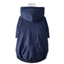 Navy blue dog hoodie shown from the back on a white background