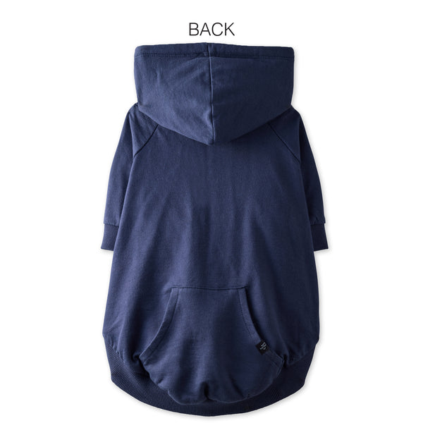 Navy blue dog hoodie shown from the back on a white background