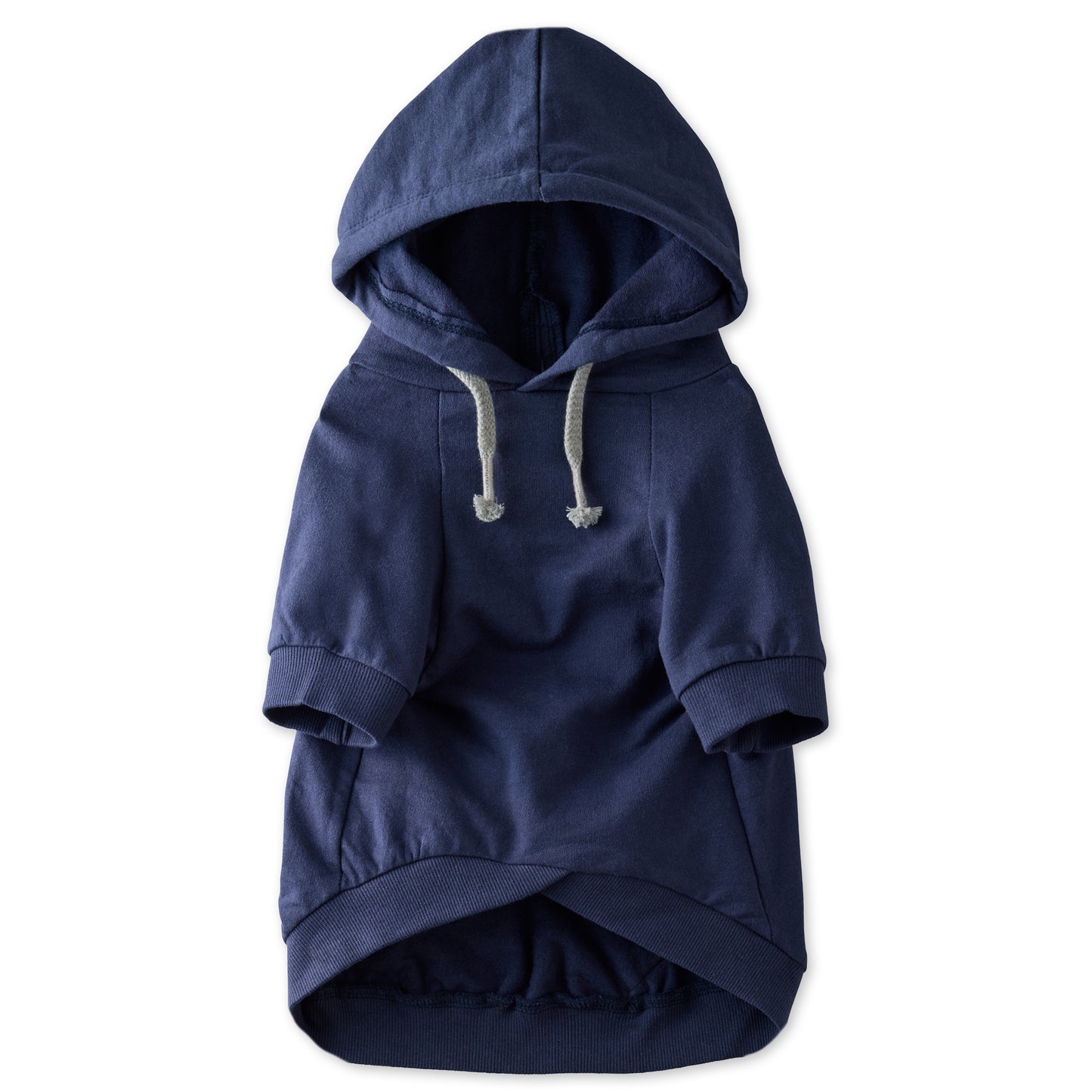 Navy blue dog hoodie with a white background