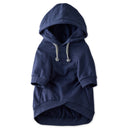 Navy blue dog hoodie with a white background