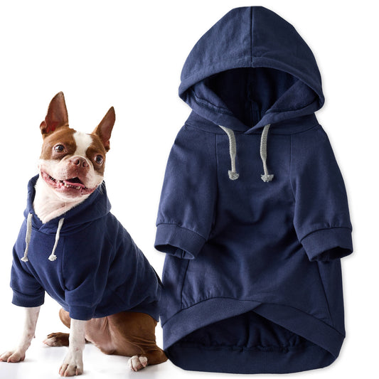 Navy blue dog hoodie and a small dog wearing the hoodie