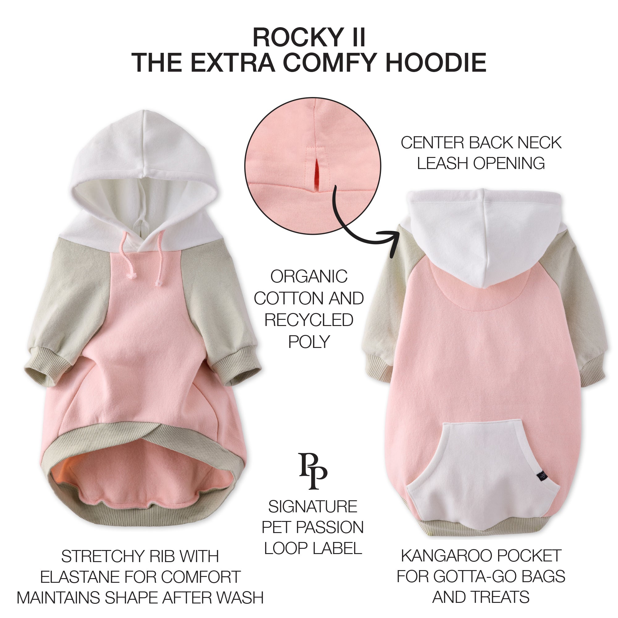 Pet Passion Rocky II extra plush comfy dog hoodie in Pink Color Block — cozy fleece-lined sweatshirt for small to large dogs