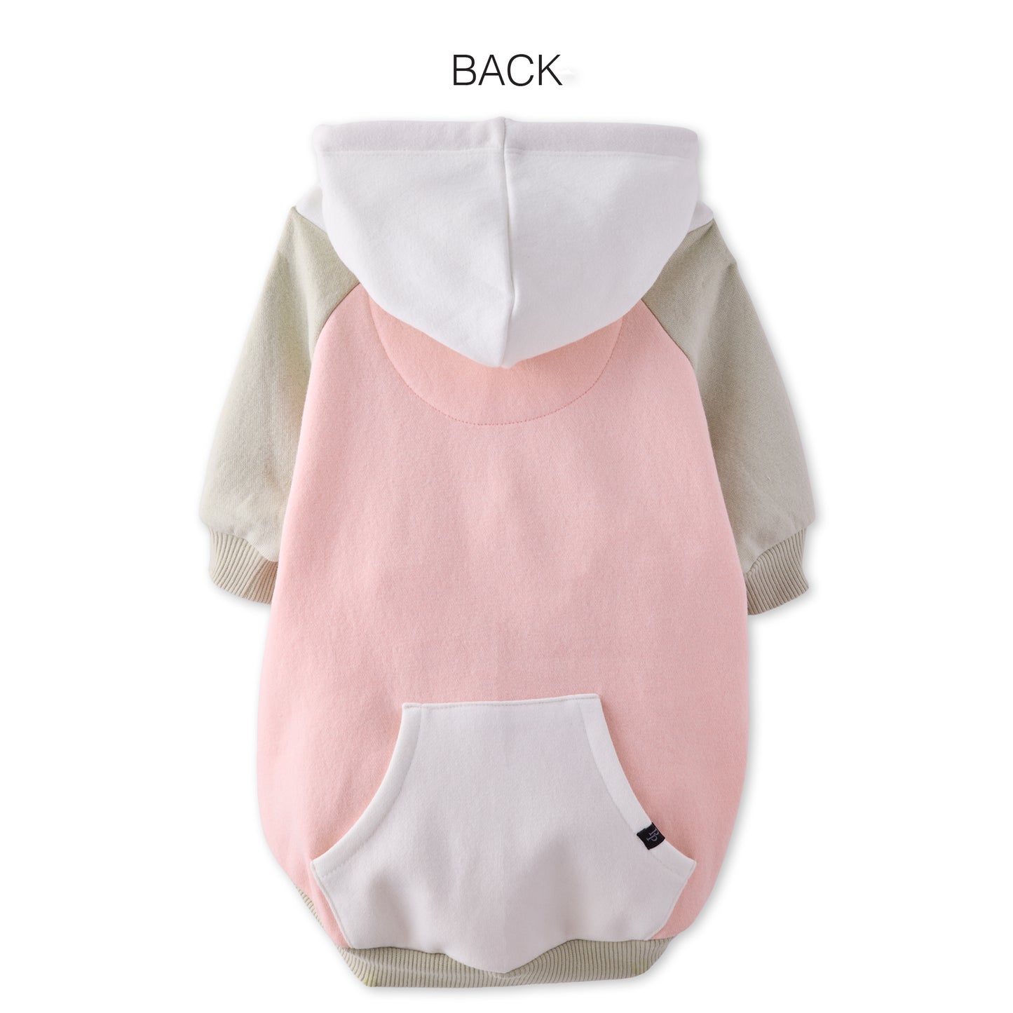 Back view of a pink and gray pet hoodie with a white hood on a white background.