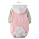 Back view of a pink and gray pet hoodie with a white hood on a white background.