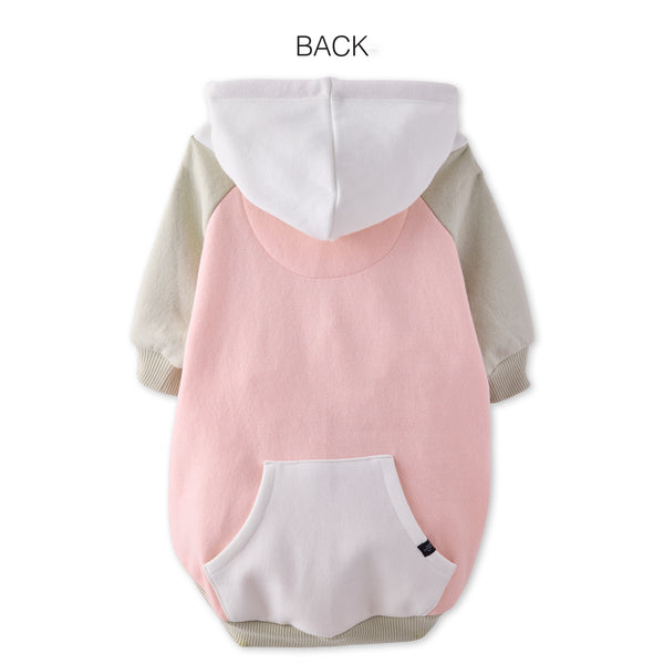 Back view of a pink and gray pet hoodie with a white hood on a white background.