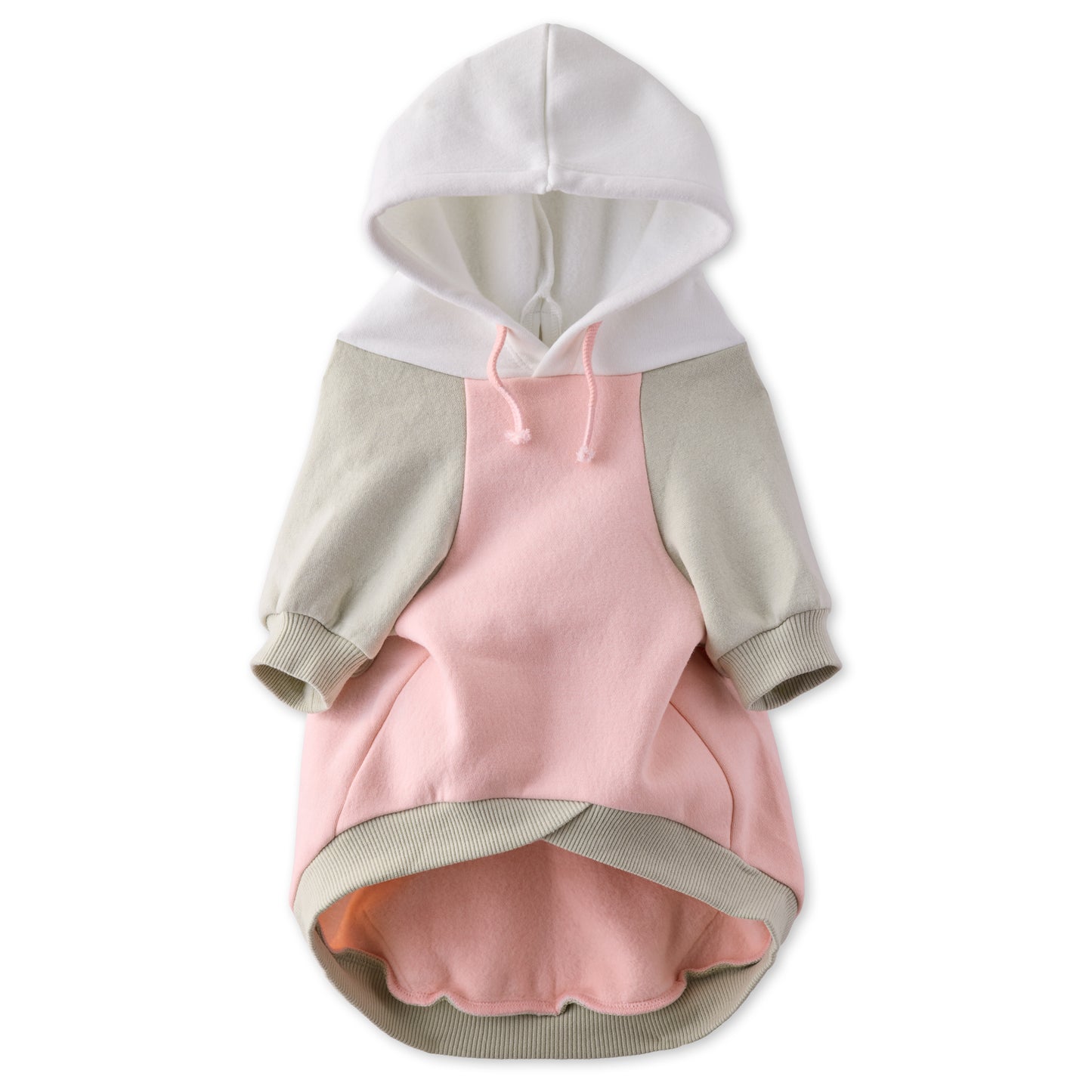 Pet hoodie with pink body, gray sleeves and hood on a white background