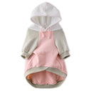 Pet hoodie with pink body, gray sleeves and hood on a white background