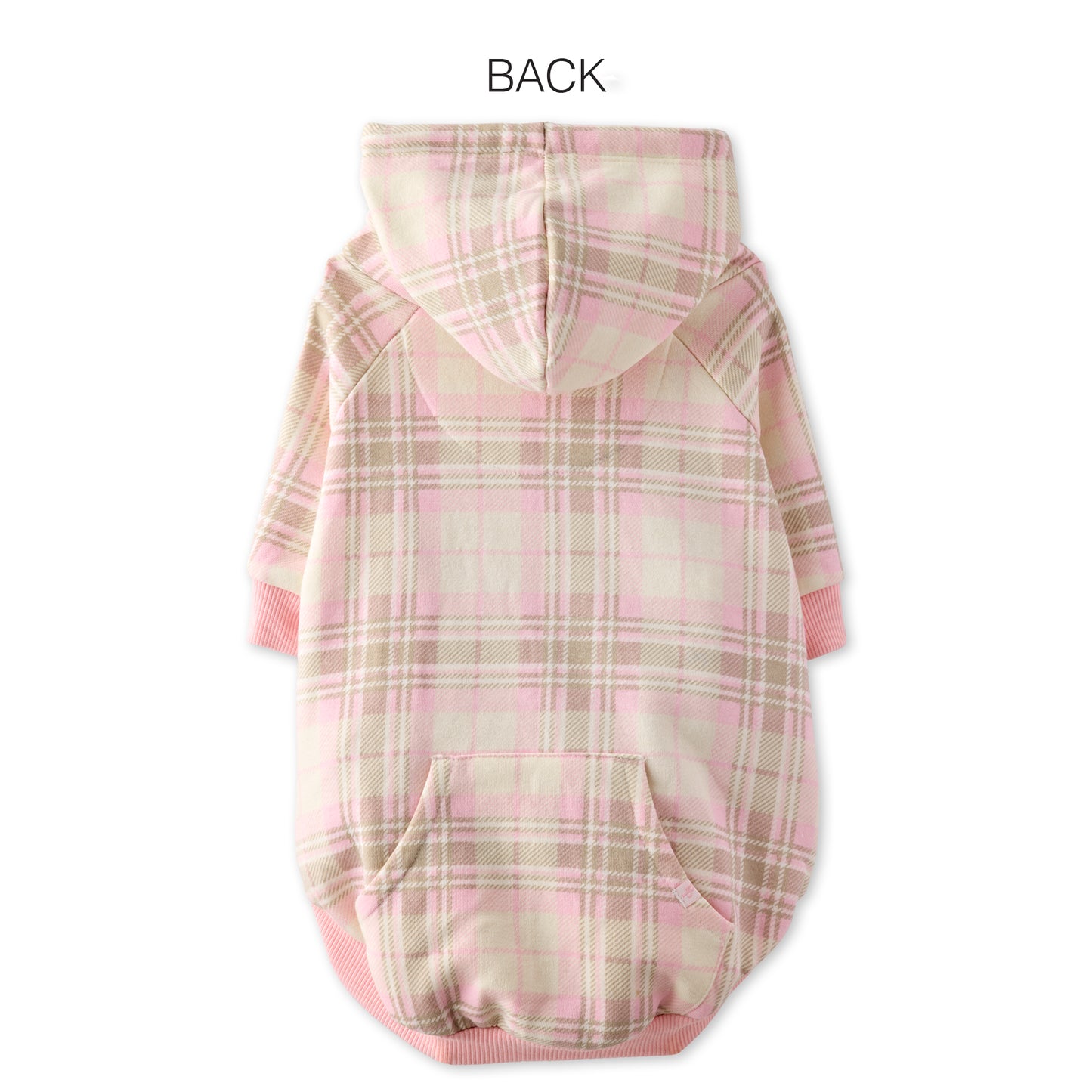 Pink and beige plaid dog coat on a white background