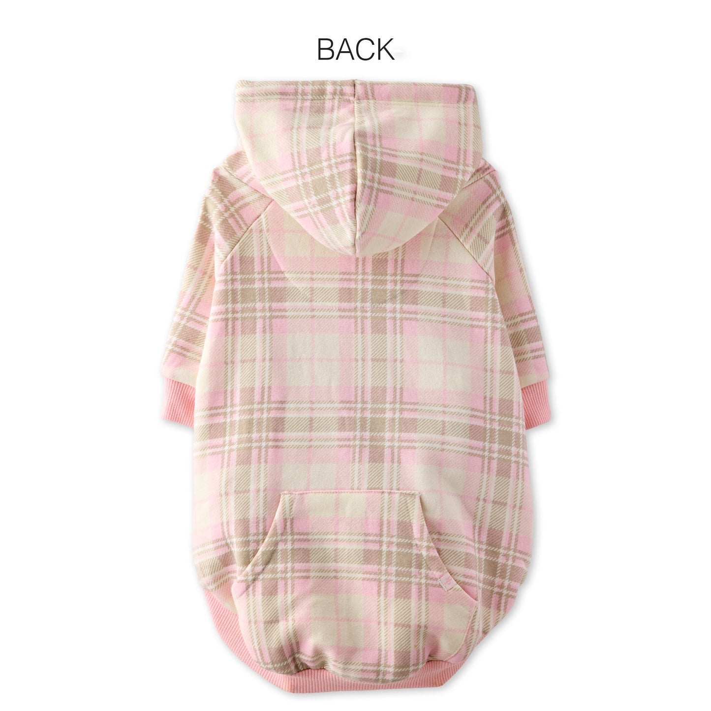 Pink and beige plaid dog coat on a white background