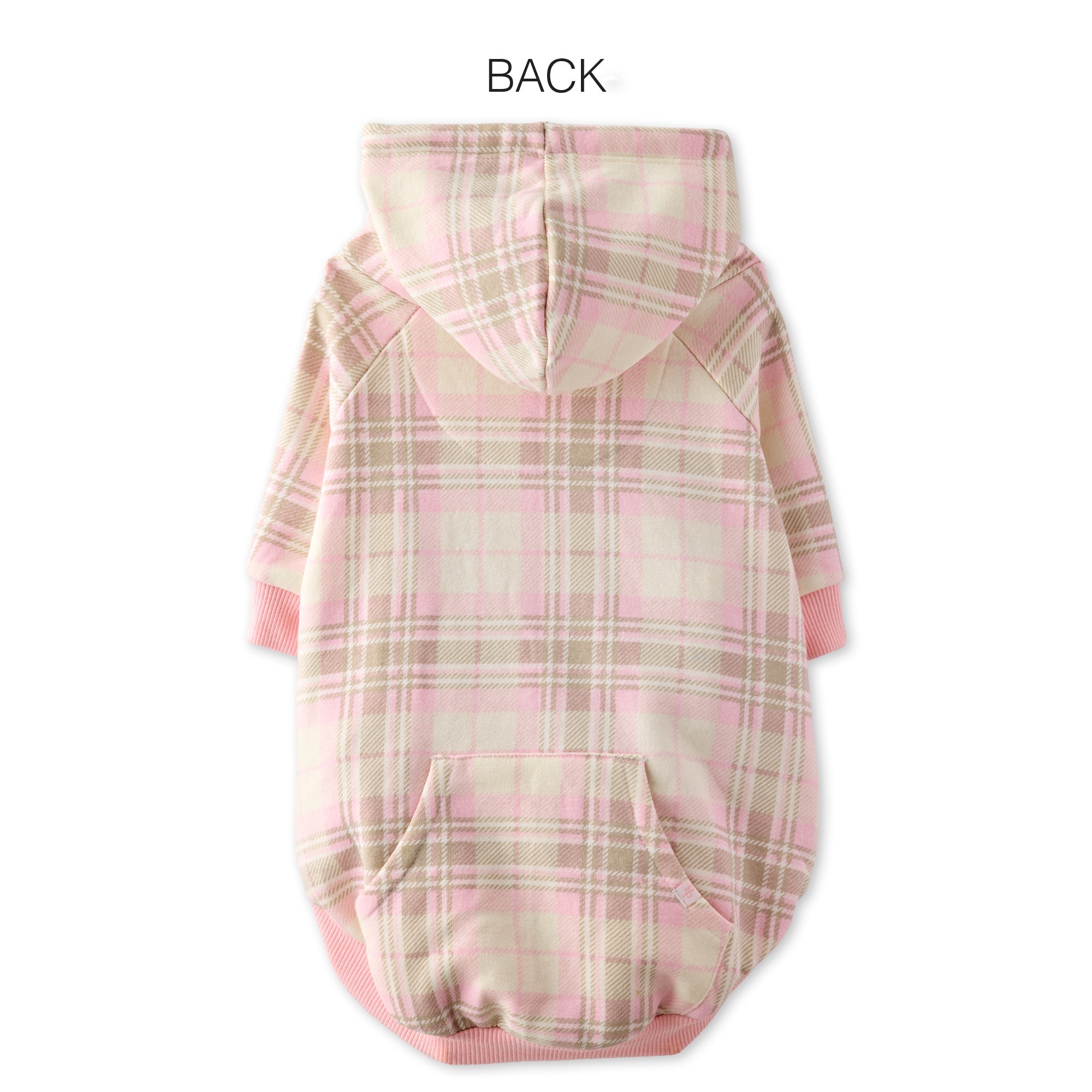 Pink and beige plaid dog coat on a white background