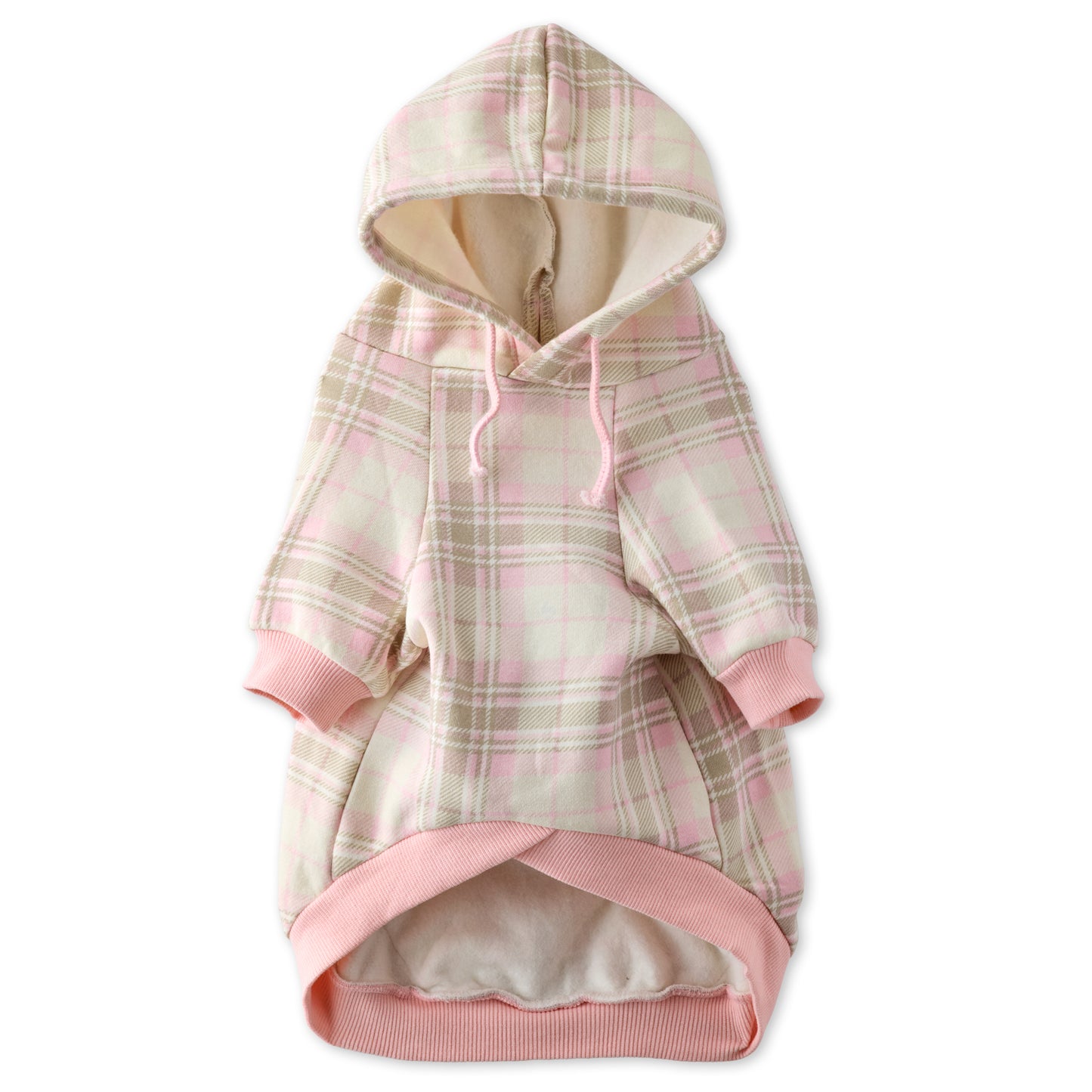 Plaid pet hoodie with pink trim on a white background