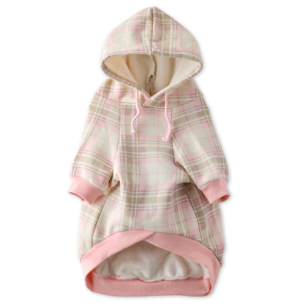 Plaid pet hoodie with pink trim on a white background