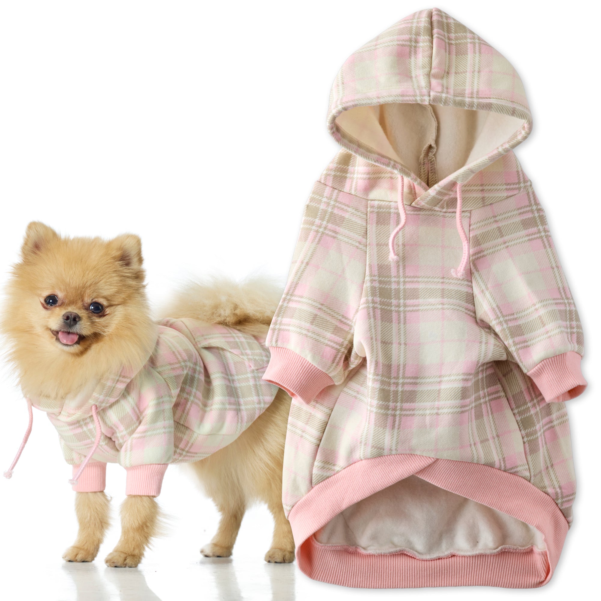 Pet Passion Rocky II extra plush comfy dog hoodie in Pink Chesterfield Plaid — cozy fleece-lined sweatshirt for small to large dogs