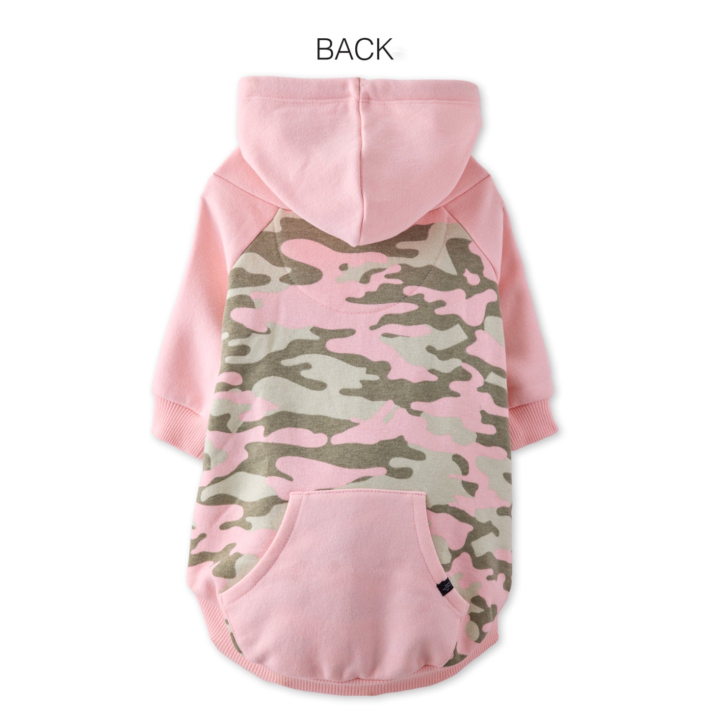 Pink and camouflage dog hoodie on a white background