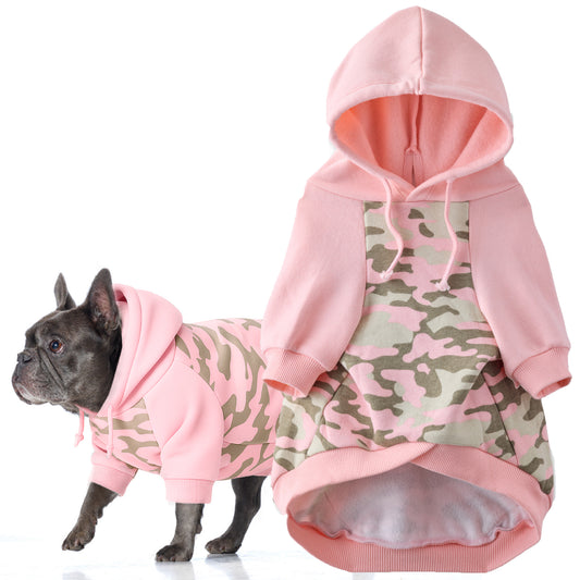 Pink camo dog hoodie and dog wearing the hoodie