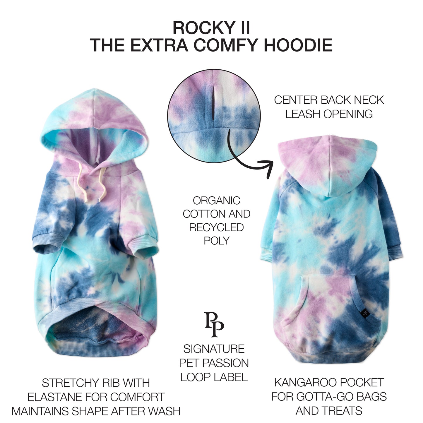 Pet Passion Rocky II extra plush comfy dog hoodie in Purple Tie Dye — cozy fleece-lined sweatshirt for small to large dogs