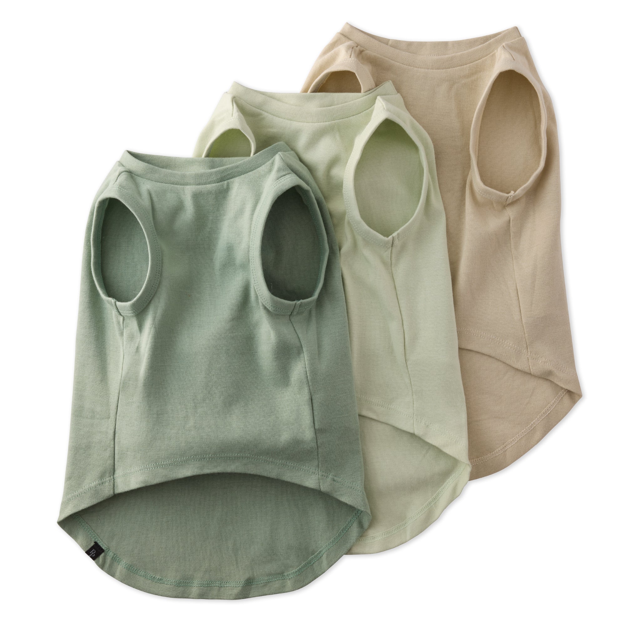 Three tank tops in green, beige, and brown on a white background