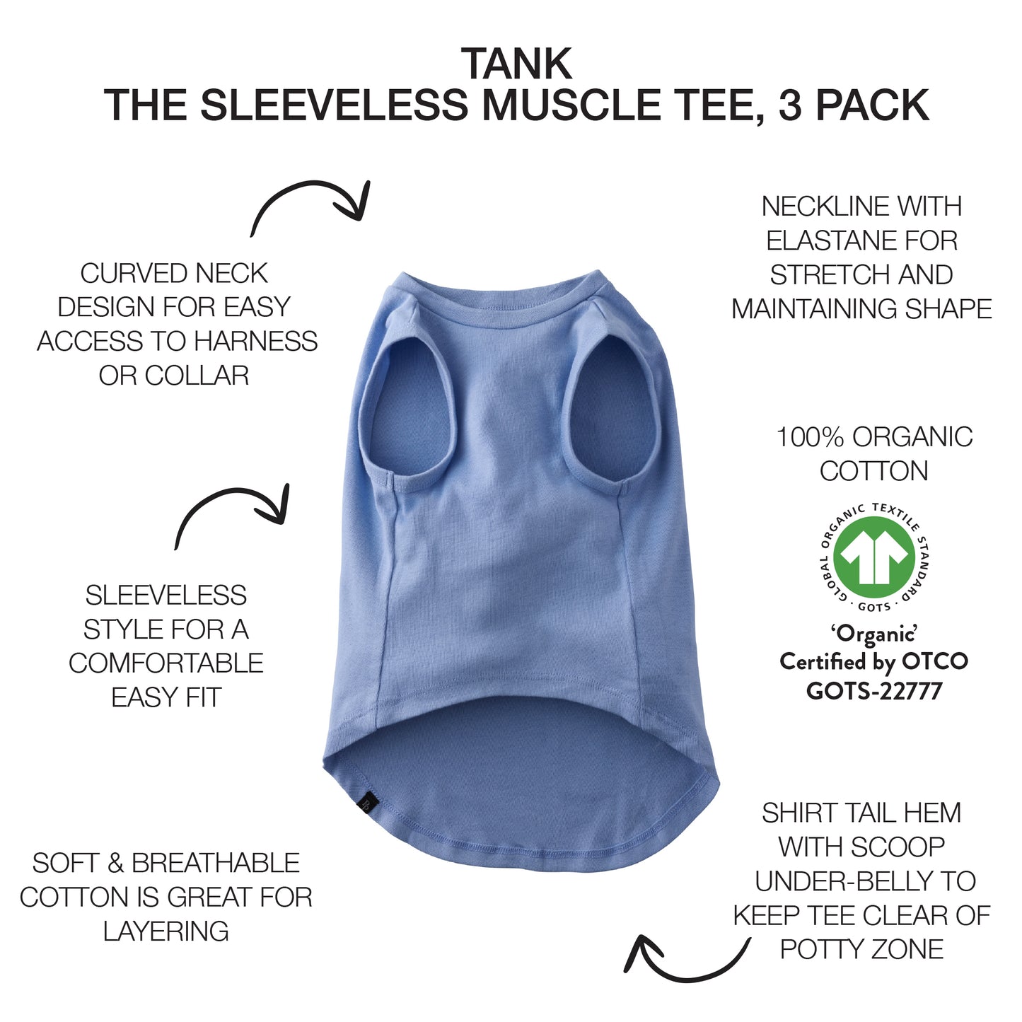 Blue sleeveless muscle dog tee with features listed on a white background
