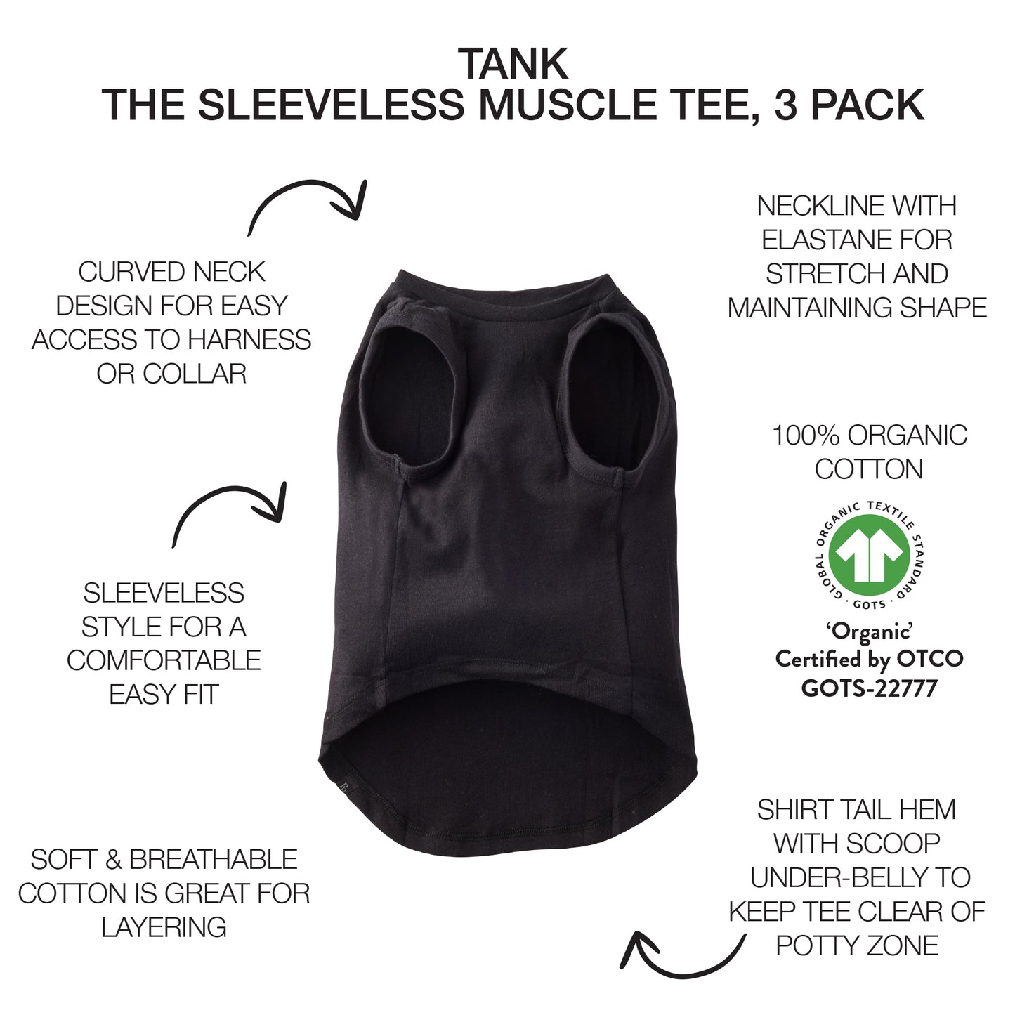 Black sleeveless muscle tee with features listed on a white background