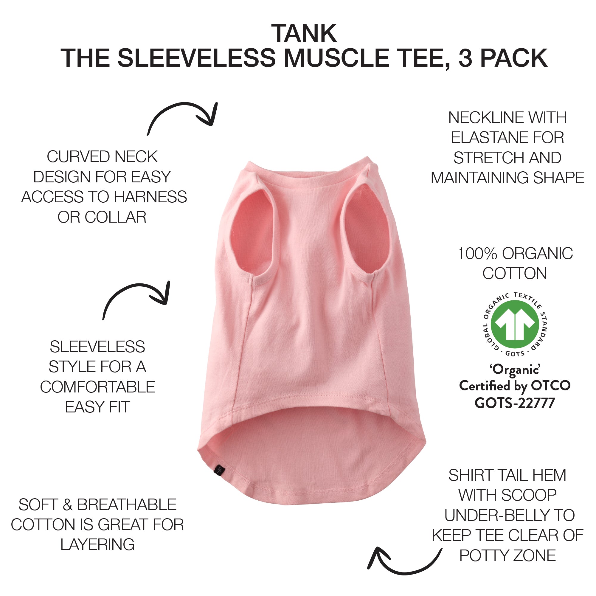 Pink sleeveless muscle tee with features listed on a white background