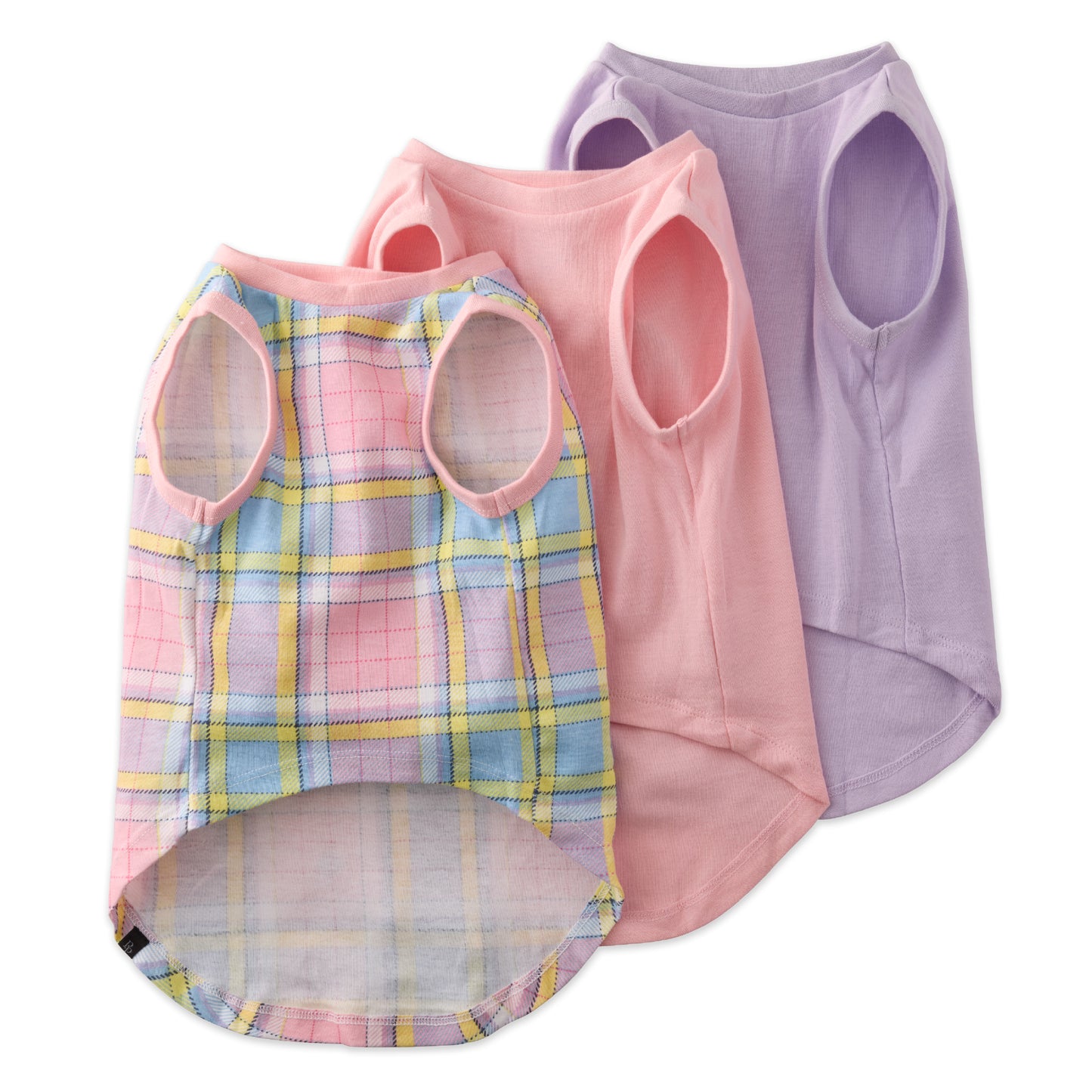 Three pet vests in plaid, pink, and purple on a white background