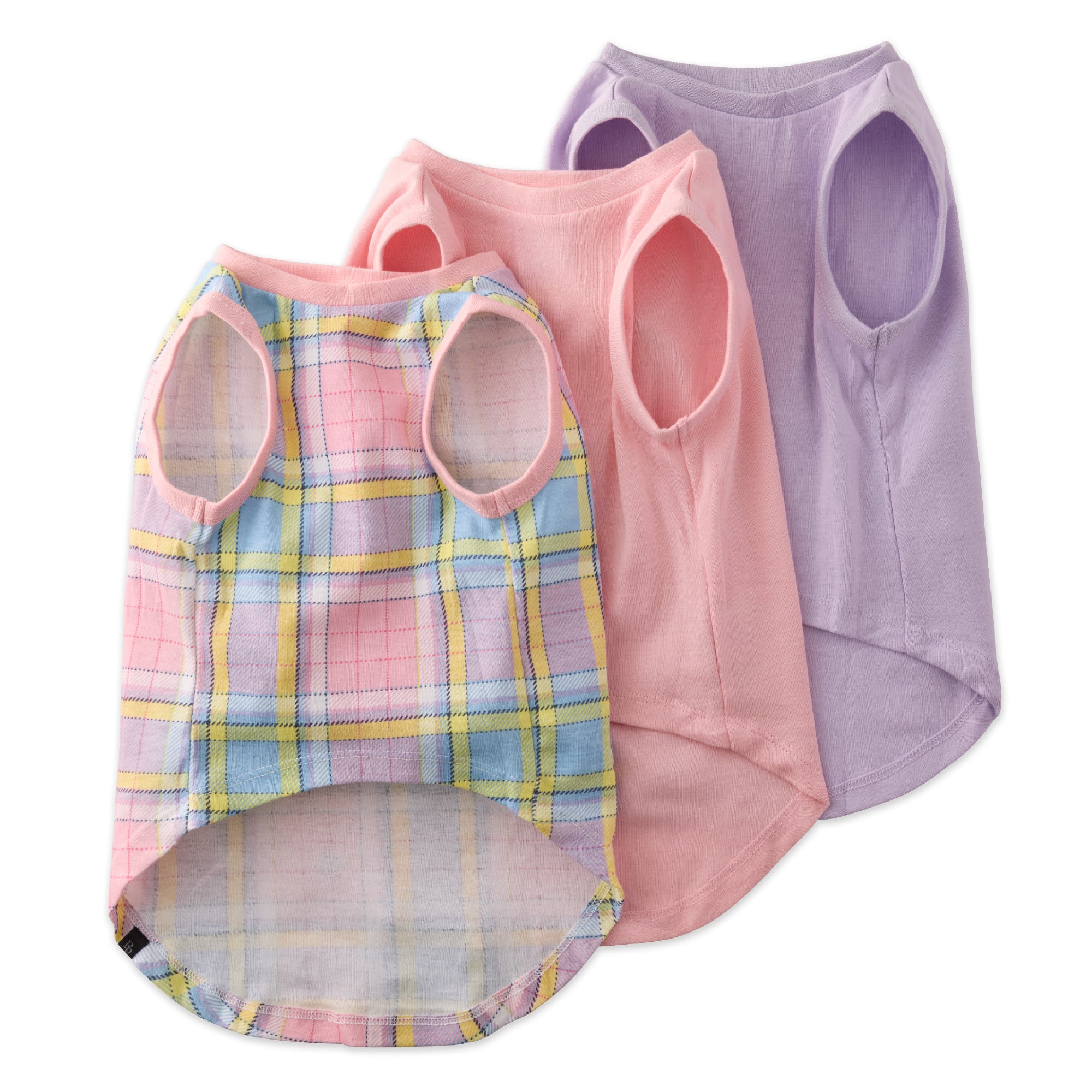 Three pet vests in plaid, pink, and purple on a white background