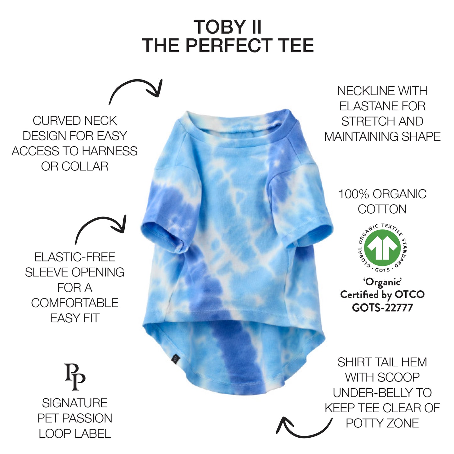 Toby II tee with product descriptions and GOTS certification badge