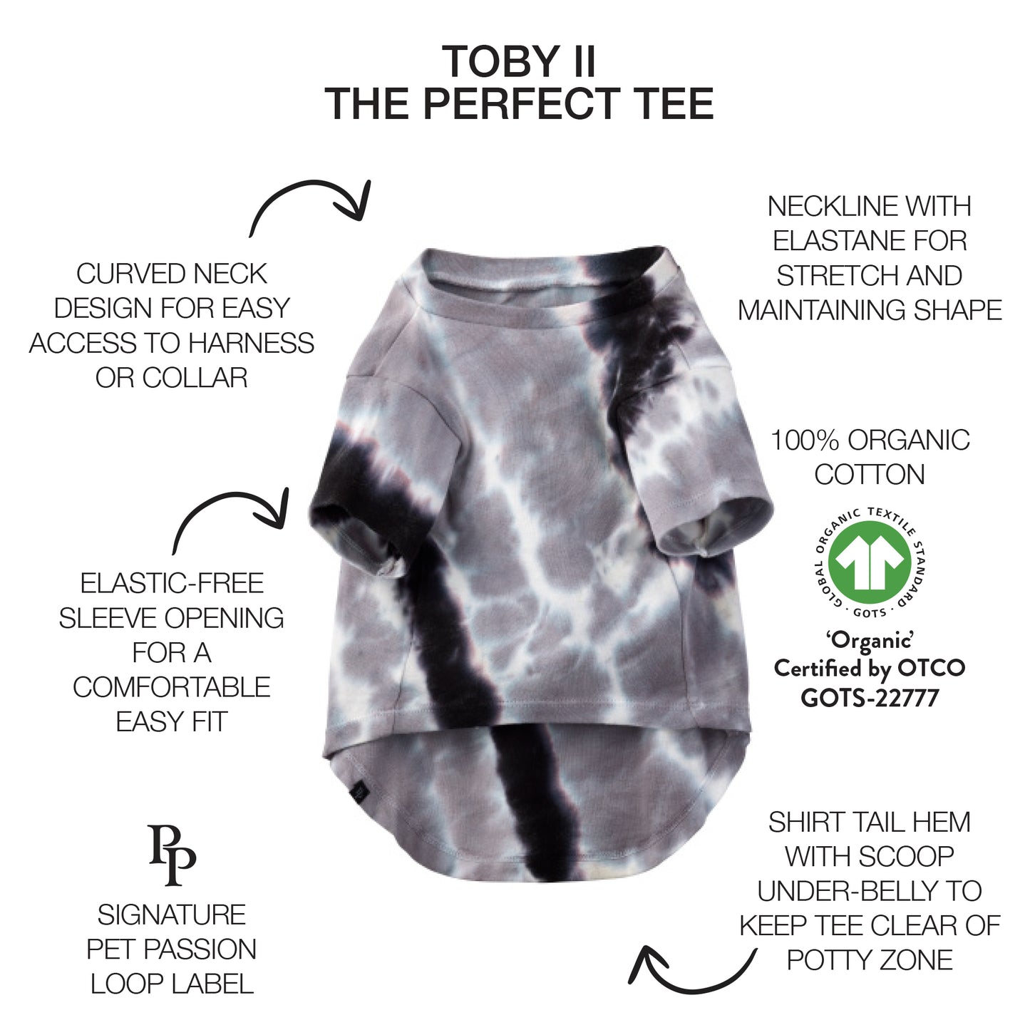 Toby II tee with product descriptions and GOTS certification badge
