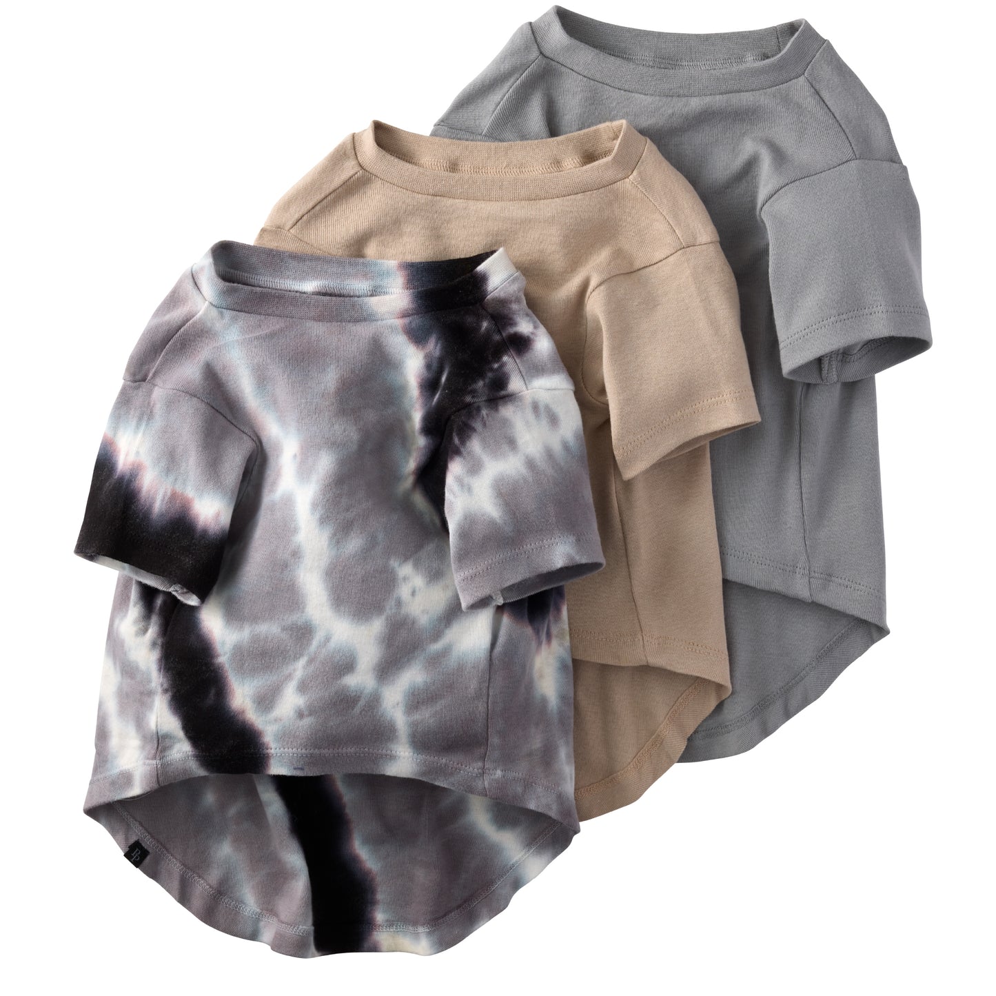 Layout of t-shirt pack in Black Sand Tie Dye on a white background