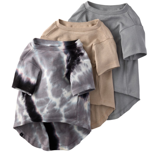 Layout of t-shirt pack in Black Sand Tie Dye on a white background