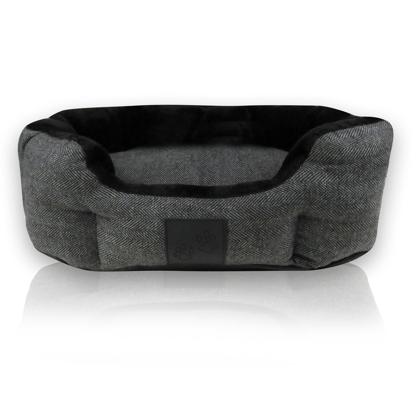 Charcoal Herringbone Fluffy soft dog bed on a white background