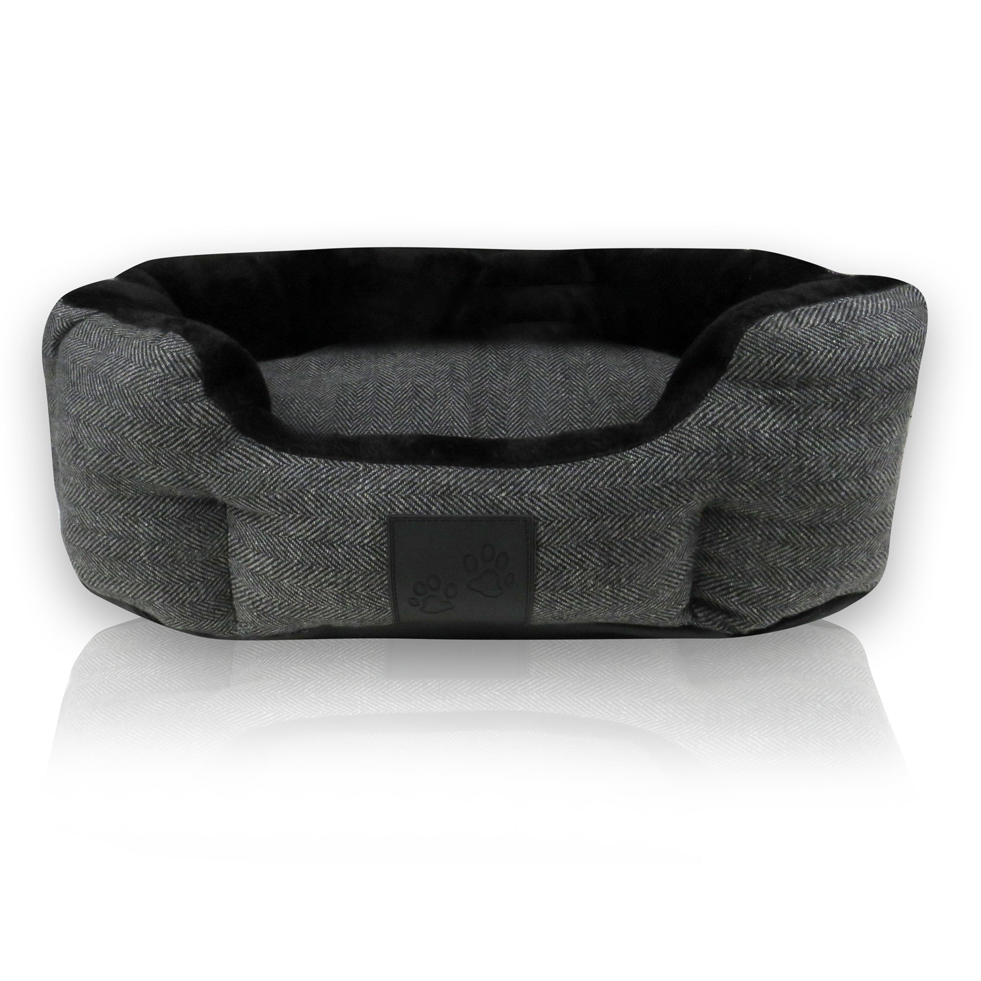 Charcoal Herringbone Fluffy soft dog bed on a white background