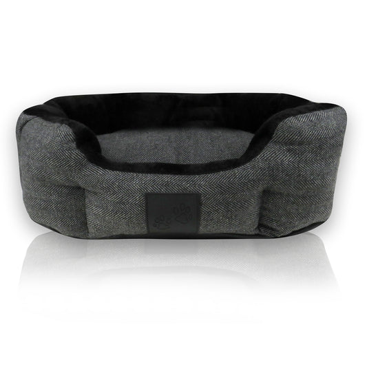 Charcoal Herringbone Fluffy soft dog bed on a white background
