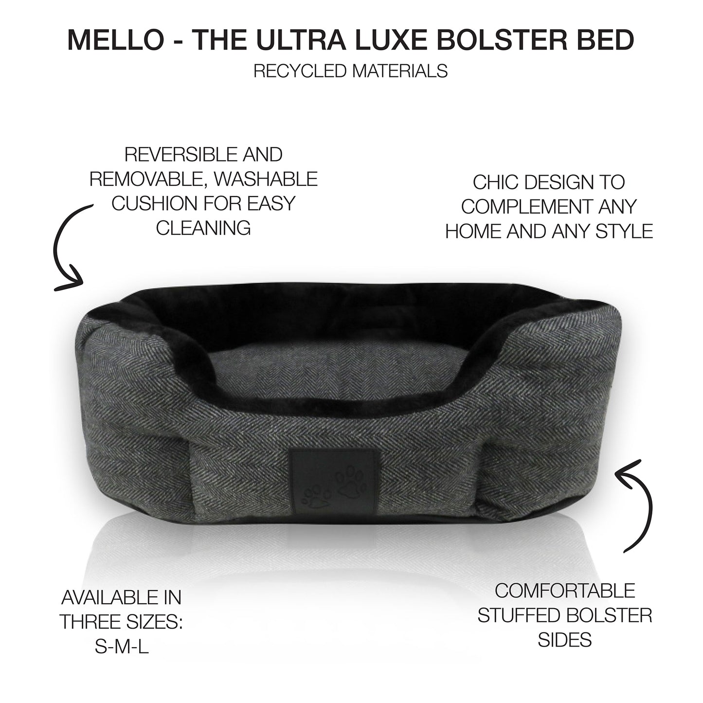 Mello the dog bed in Charcoal Herringbone with product descriptions surrounding it. 