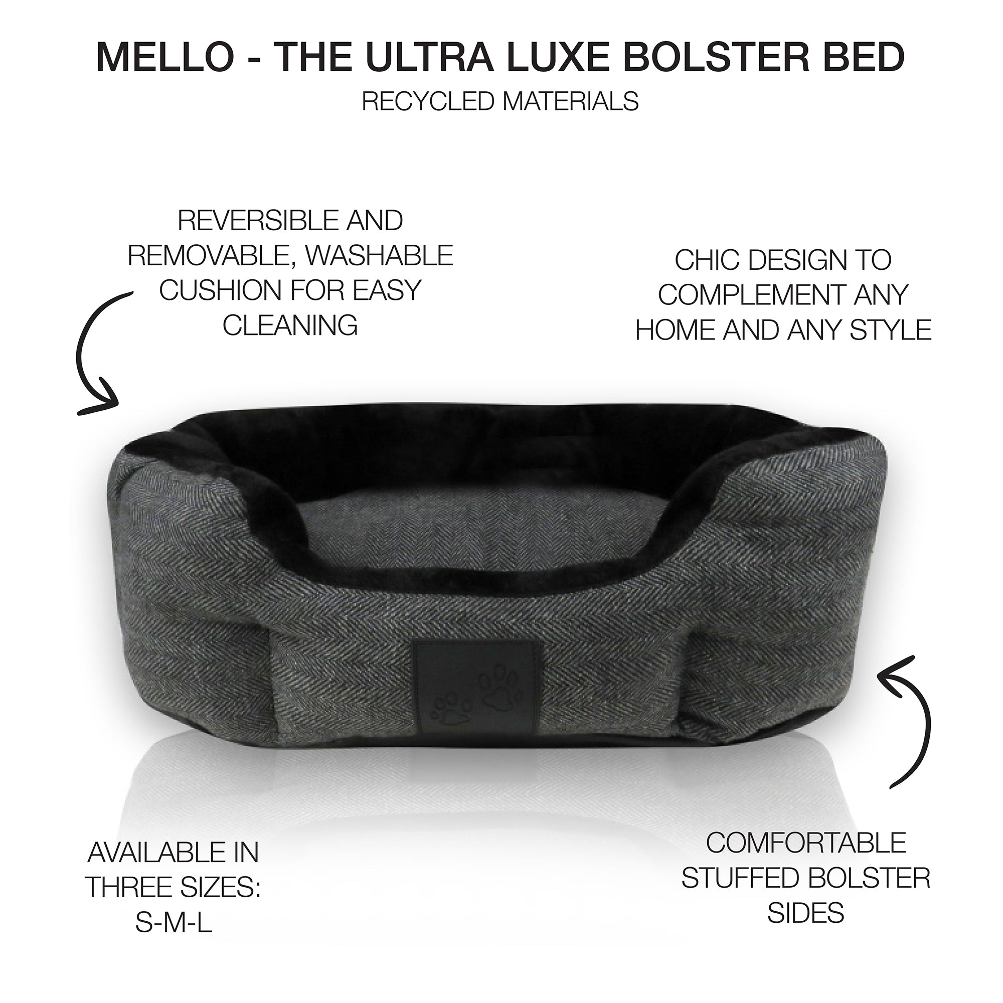 Mello the dog bed in Charcoal Herringbone with product descriptions surrounding it. 