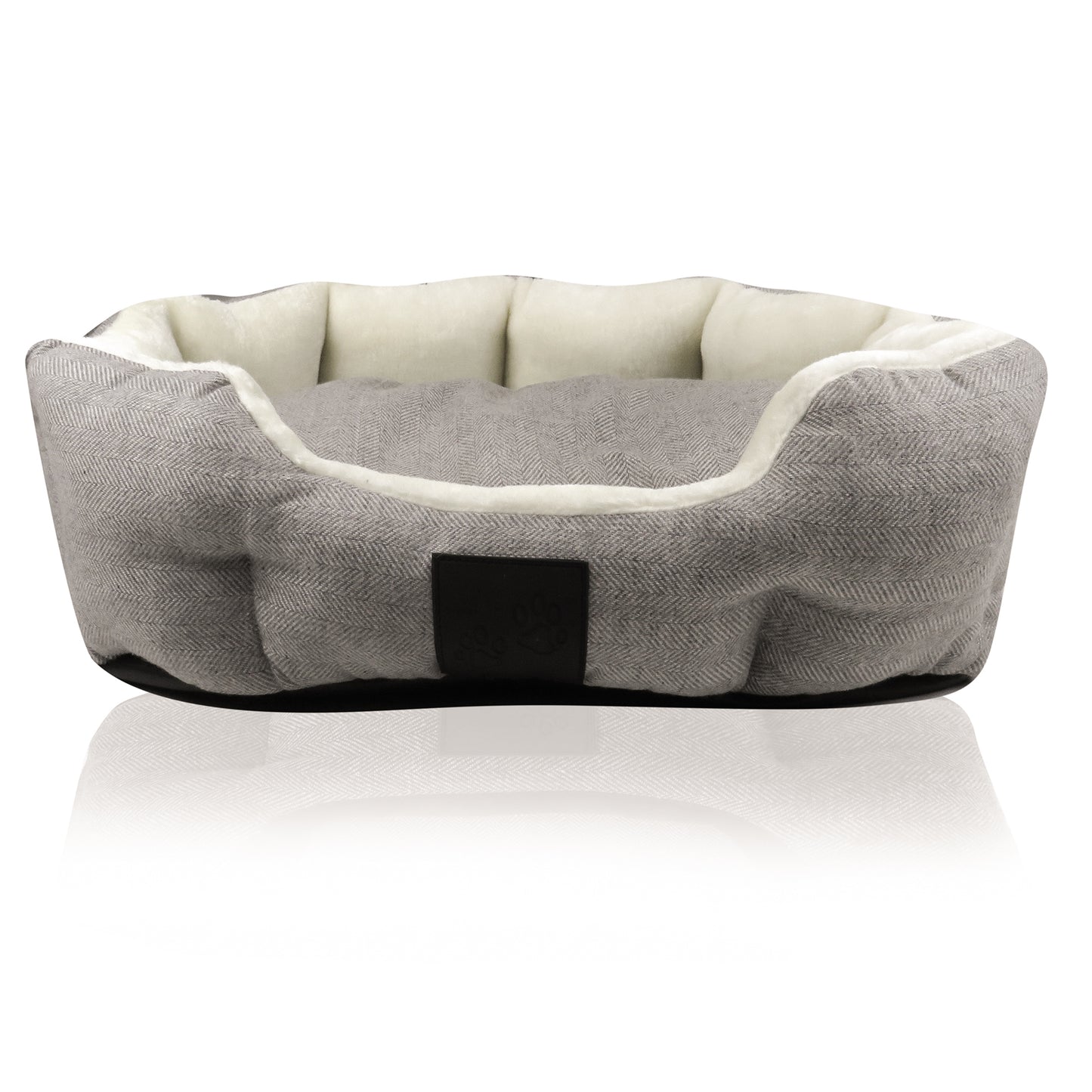 Ivory Herringbone Fluffy soft dog bed on a white background
