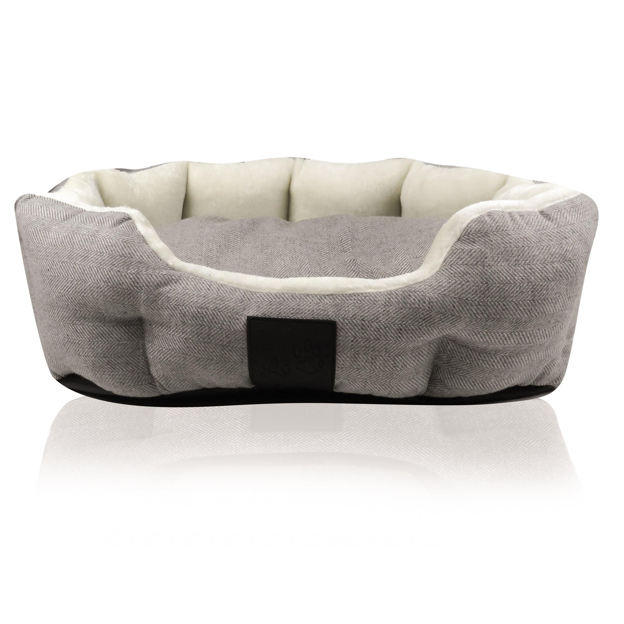Ivory Herringbone Fluffy soft dog bed on a white background
