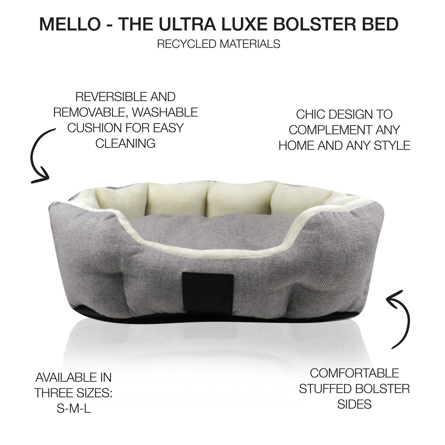 Mello the dog bed in Ivory Herringbone with product descriptions surrounding it. 
